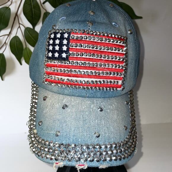 Patriotic USA Flag Blingy Denim Ball Cap Adjustable Rhinestones Streetwear - Picture 1 of 4